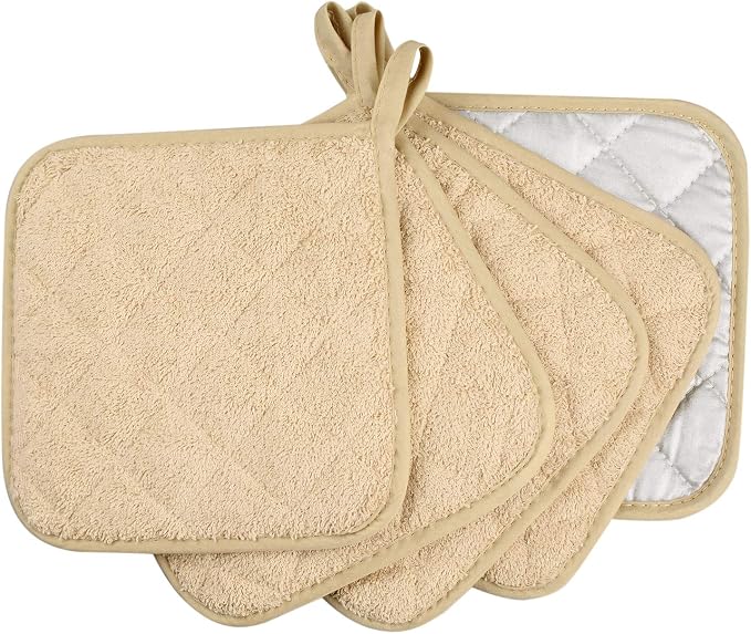 Pot Holders for Kitchen, 100% Cotton Terry Pot Holder Set of 5, Heat Resistant Hot Pads for Cooking, Baking, Hot Dishes and Countertop Protection,Light Brown