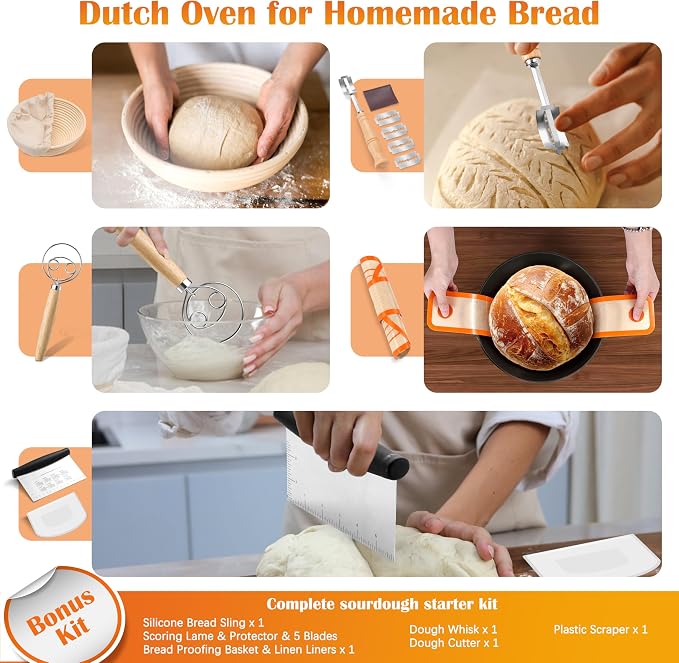 E-far 5QT Dutch Oven for Bread Baking, 2-IN-1 Cast Iron Pot with Skillet Lid & Sourdough Starter Kit, Bread Oven Pan with Baking Supplies for Frying, Braising, BBQ, Rust-Free & Heavy Duty