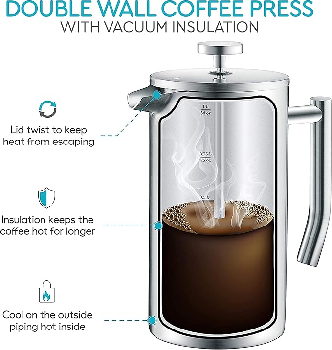 Belwares French Press Coffee Maker - Large 50oz 6-Cup, 304 Stainless Steel Coffee Press, Double Wall Insulated Heat Retention, 4-Level Filtration for Smooth Ground-Free Coffee, 2 Extra Filters, Silver