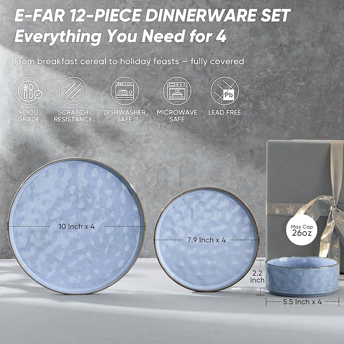 E-far Stoneware Dinnerware Set, 12-Piece Plates and Bowls Sets for 4 | Modern Dishes for Kitchen Dining, Reactive Glazing Ripple Design, Chip Resistant, Microwave & Dishwasher Safe, Reactive Blue