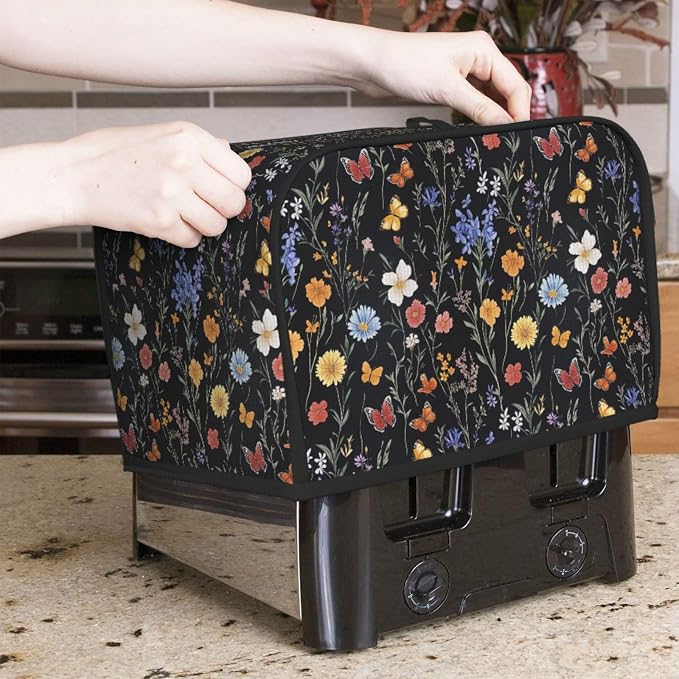 2 Slice Toaster Cover Vintage Botanical Flower Wildflower Dust Proof Washable Kitchen Appliance Cover with Pocket, Oxford Fabric Countertop Toaster Protector for Standard Toasters Small Appliances