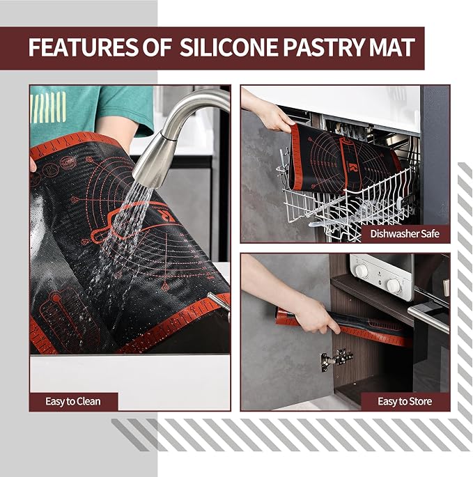 Silicone Pastry Mat Extra Large with Measurements 26''x16'' for Reusable,Non-slip Silicone Baking Mat, Counter, Dough Rolling, Oven Liner,Fondant/Pie Crust (Translucent_Red, 16''W x 26''L)