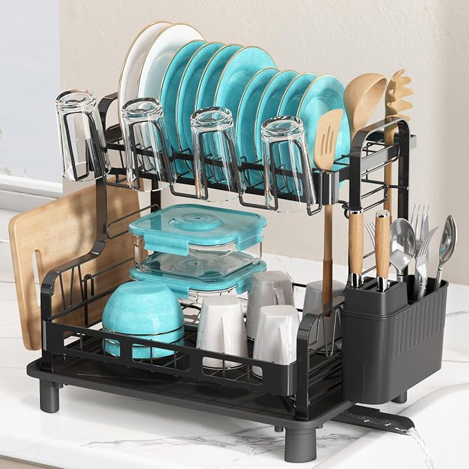 2 Tier Black Dish Drying Racks for Kitchen Counter with Drainboard | Large Stainless Steel Dish Drainer with Utensil Holder, Space Saving, Big Modern Countertop Metal Plate Dryer Strainer Rack