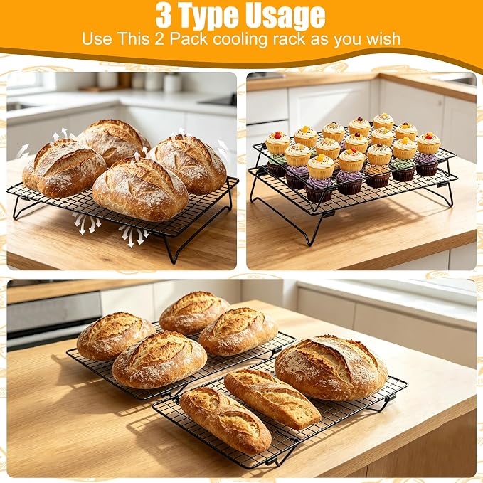 Sourdough Cooling Rack 2 Pack Stackable | Heavy Duty Wire Cooling Rack | 13.4"*9.3" Rack for Cooking and Baking Must Haves | Cooling Cookie, Cake, Pizza, Roasting, Drying | Gifts for Baking Lovers