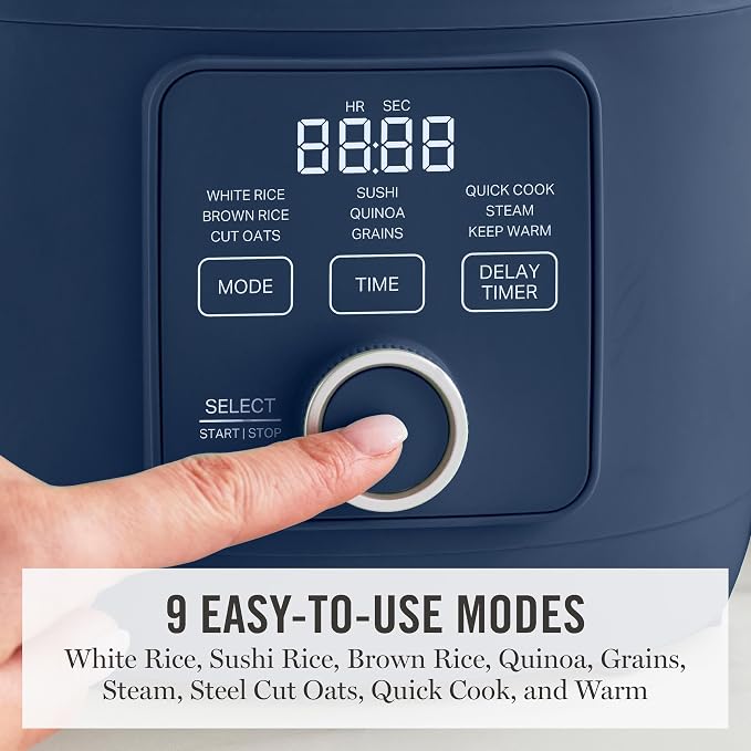 Martha Stewart 8 Cup Cooked (4 Cup Uncooked) Rice Cooker & Steamer, Navy | PFAS-Free Ceramic Nonstick Removable Pot, 9 Modes, Keep Warm, Steamer, White & Brown Rice, Quinoa, Grains, Oats, Easy Clean