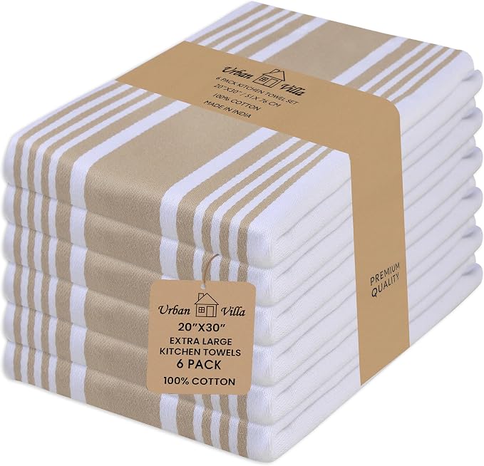 Urban Villa Kitchen Towels 100% Cotton Dish Towels for Kitchen (Set of 6)20”x30” Dish Cloths Highly Absorbent Kitchen Linen Set with Hanging Loop Perfect for Drying Dishes Cleaning Towels-Taupe White