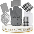 LANE LINEN Kitchen Towels Set 20 Pack - Ultra Soft Cotton Kitchen Hand Towels, Highly Absorbent Dish Cloths, Durable Scrubbers, Flour Sack Tea Towels, Heat Resistant Oven Mitts & Pot Holders - Black