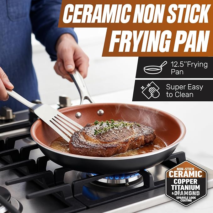 Gotham Steel 12.5 Large Frying Pans Nonstick, Family Sized Non Stick Frying Pan with Ceramic Copper Coating, Stay Cool Handle, Non Toxic, Dishwasher and Oven Safe