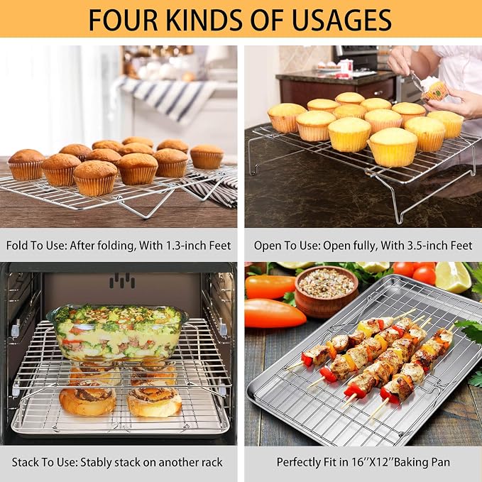 P&P CHEF Cooling Rack Set of 2, 2-Tier 15" x 10" Stackable Rack, Silver | Stainless Steel Stackable Wire Cooling Racks for Baking Cooking Roasting, Collapsible & Heavy Duty, Oven Safe & Easy Clean