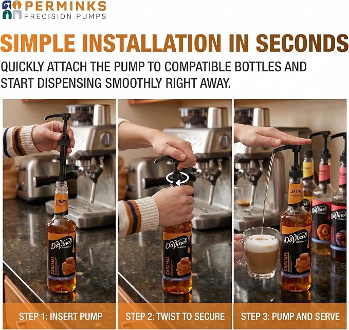 Syrup Pump, Compatible with 750ml Torani, Davinci & Skinny, 2-Pack, Black | Leak-free, 1/4oz precision pump with locking nozzle. Great for coffee bar accessories, dirty soda stations & dessert sauces