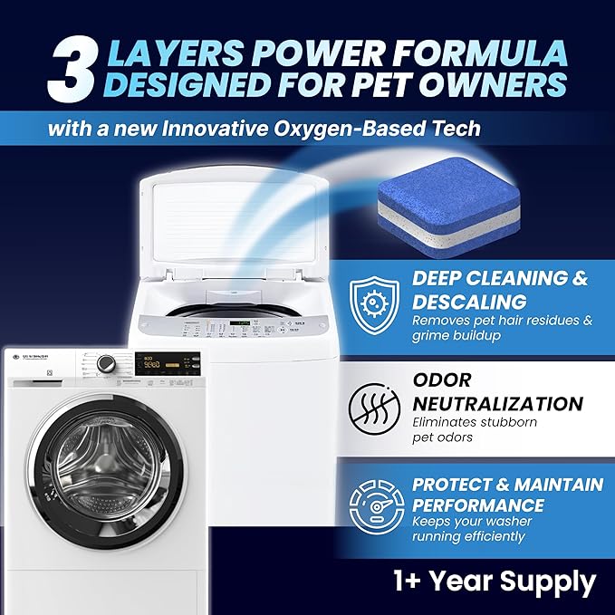 Washing Machine Cleaner Pro Tablets for Pet Owners, 42 Pack, Front/Top Load | Remove Stubborn Pet Hair, Washer Deep Cleaning, Septic Tank Safe, HE Support, Eliminates Pet Smells, Prevents Dander Build-up