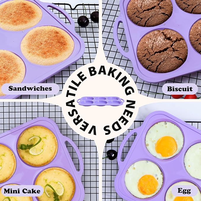 4 Inch Jumbo Silicone Muffin Top Pan with Frame Non Stick Egg Mold Baking | Silicone Egg Mold for Oven, Large Whoopie Pie Baking Pan with Handle for English Breakfast Sandwich Egg Bite Bun Tart Vnray