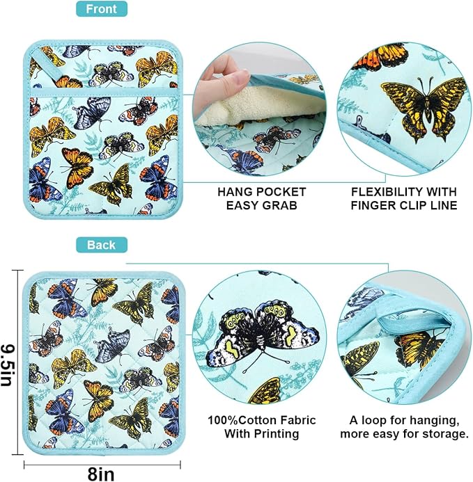 Pot Holders Set of 2 Heat Resistant 480℉ Kitchen 100% Cotton | Comfortable Lining Printing Butterfly Flower Women Men Home Cooking Baking Microwave BBQ Gift (Butterfly potholders)