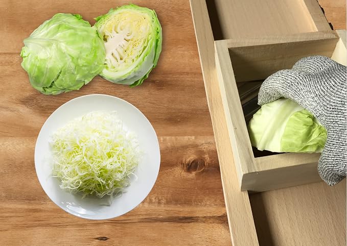 Wooden Cabbage Shredder, Mandoline Slicer for Sauerkraut, Coleslaw. Finger Protection Box, Cut Resistant Glove. Pre-Oiled. Made in Poland!