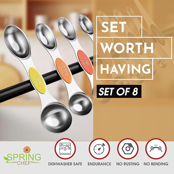 Spring Chef Stainless Steel 8 Magnetic Measuring Spoons, Mountain Sunrise | Nesting Metal Teaspoon & Tablespoon Measuring Spoons with Leveler for Dry & Liquid Ingredients, Dual Sided, Dishwasher Safe