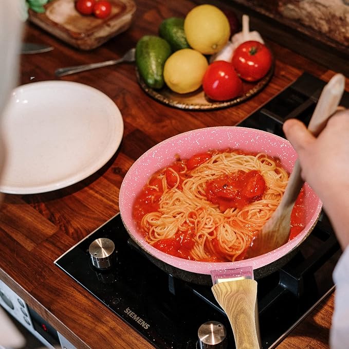 Frying Pan Nonstick, 9.5 Inch Pink Egg Pan, Non Stick Fry Pan 100% PTFE PFOA-Free Omelet Skillet Pan, Toxin-Free Skillets Stone Cookware, Anti-Warp Base with All Stove Tops, Induction Compatible | Even Heating All Stove Compatible, PFOA PFOS Free, Gran...