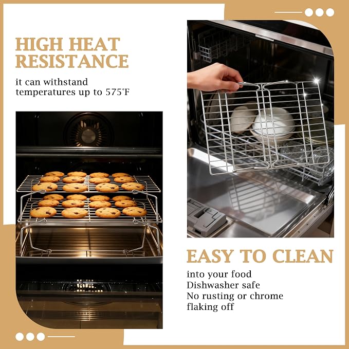 LIANYU Cooling Rack 15"x10", 3-Tier Stackable & Collapsible Cooling Racks | Stainless Steel Wire Baking Racks Fits Jelly Roll Pan, Great for Cooking, Baking, Roasting, Grilling, Oven & Dishwasher Safe