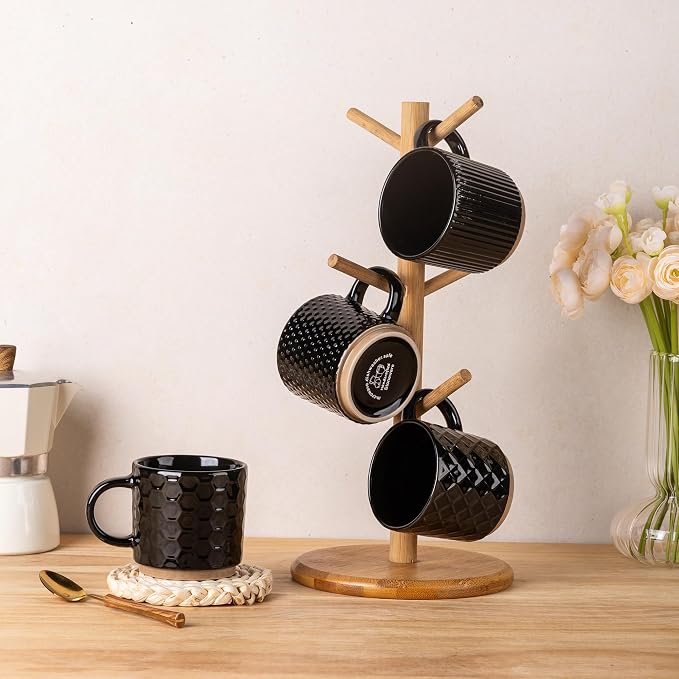 GBhome 6 OZ Stackable Coffee Mugs Set of 4, Ceramic Coffee Cups Set | 4 Assorted Designs, Embossed Mugs with Texture Patterns for Espresso/Tea, Dishwasher&Microwave Safe, Black