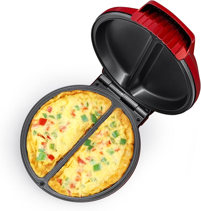 Holstein Housewares Stainless Steel 2 Section Omelet & Frittata Maker, Non Stick Coating, Easy To Clean, Indicator Lights, Compact Storage, Versatile Recipes in Minutes. 2 Portions, Metallic Red