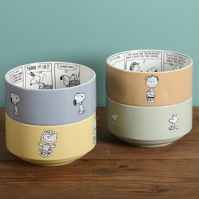 Peanuts Snoopy Bonbon Bites 4-Piece 5.5-Inch Decorated Stoneware Ceramic Stackable Bowl Set, Microwave & Dishwasher Safe Snack and Dessert Bowls