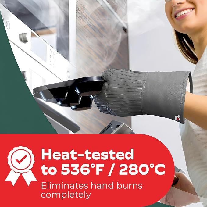 Silicone Oven Mitts - Gray Set of 2-12.5" - Heat Resistant to 536 F / 280 C Kitchen Gloves - Professional Grade Protection Hot Cooking Baking