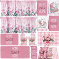 Fourluoo 16 Pcs Pink Rose Kitchen Decor Set Kitchen Towels Placemats Non Slip Rugs and Mats for Floor Oven Mitts Gloves Pot Holders Floral Curtains for Home Decoration Gift