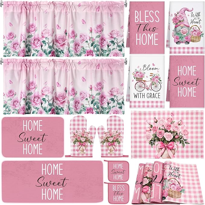 Fourluoo 16 Pcs Pink Rose Kitchen Decor Set Kitchen Towels Placemats Non Slip Rugs and Mats for Floor Oven Mitts Gloves Pot Holders Floral Curtains for Home Decoration Gift
