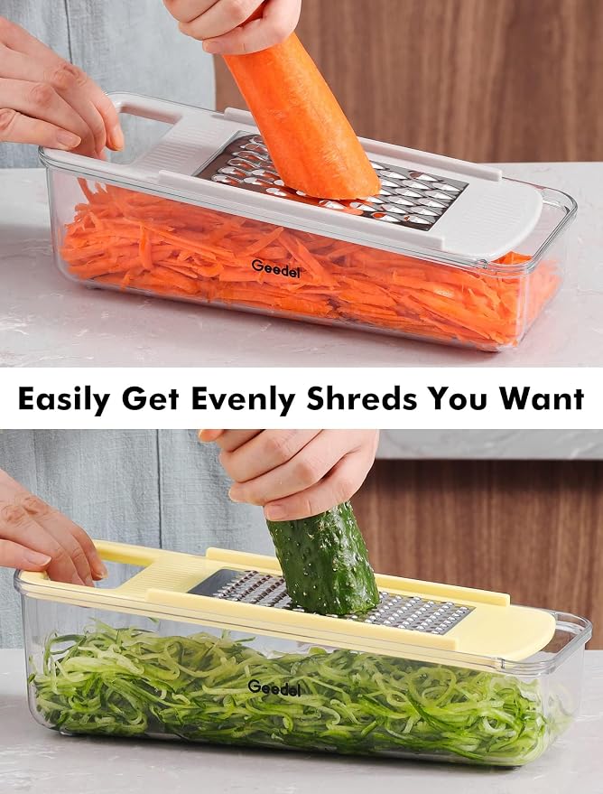 Geedel Professional Mandoline Slicer for Kitchen, Multi Purpose Vegetable Slicer Cutter, Vegetable Cutter Onion Cutter for Veggie Fruit Cheese | Slice, Shred & Julienne, Sharp Stainless Steel Blades, Dishwasher Safe, No BPA, Safety Hand Guard, For Vegg...