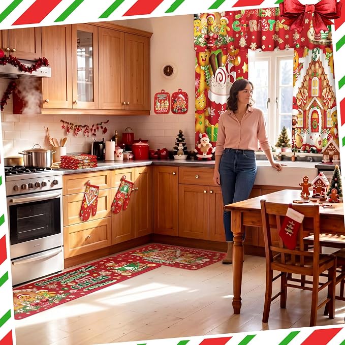 13 Pcs Gingerbread Man Kitchen Set, Towel Rug Valance Mitts | Nonslip Rugs and Mats, Festive Valance with Baking Decor, Pot Holders Included, Gingerbread Theme Design, Holiday Cooking