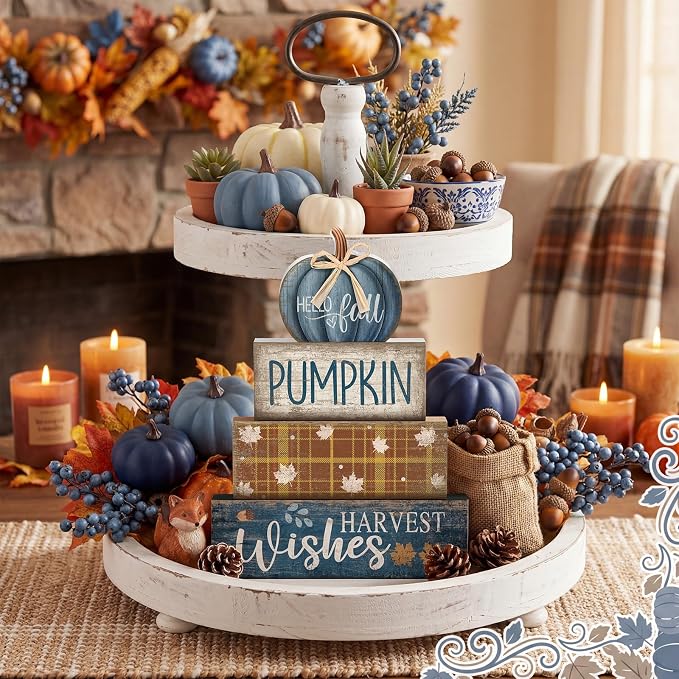 Lineshading 4 Pcs Blue Pumpkin Wooden Block Signs Fall Farmhouse Decor | Tiered Tray Tabletop Centerpiece, Harvest Wishes Thanksgiving Display, Rustic Stacked Signs with Buffalo Plaid Bow Accent