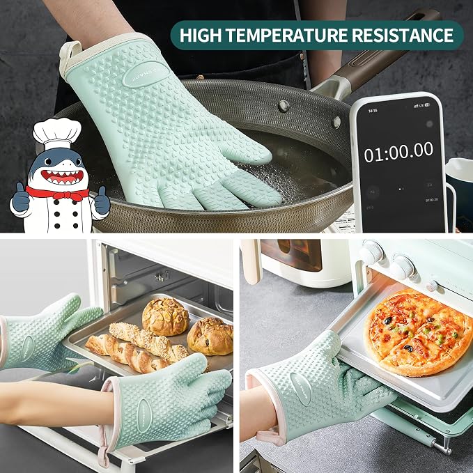 MAD SHARK Silicone Oven Mitts with Fingers Heat Resistant 450°F in Kitchen | Waterproof & Non-Slip Oven Gloves,Cotton Lined Silicone Kitchen Mitts for Baking Cooking Barbecue,Women (Green)
