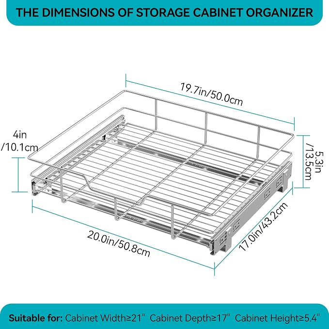 Pull Out Cabinet Organizer 20" W X 17" D, Slide Out Drawers For Kitchen Cabinets, Pull Out Drawers For Cabinets Capacity Heavy Duty Caddy, Cabinet Pull Out Shelves Chrome-Plated, Bathroom Pantry | For Kitchen Organizers and Storage, Pull Out Drawers Fo...