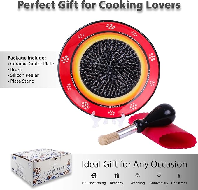 Ceramic Grater Plate Set – Handmade 4-Piece Press & Natural Grinder for Garlic, Ginger, Cheese & Spices – Decorative Hand Dish (Black/Orange)
