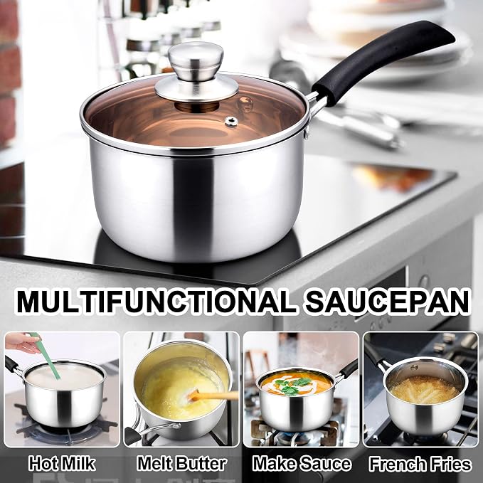 LIANYU 1QT Saucepan with Lid, Stainless Steel Sauce Pan, Induction Ready | Small Sauce Pot, Multipurpose Cooking Pot for Milk, Soup & Butter, Stay-cool Handle, Heavy Duty & Non Toxic, Dishwasher Safe