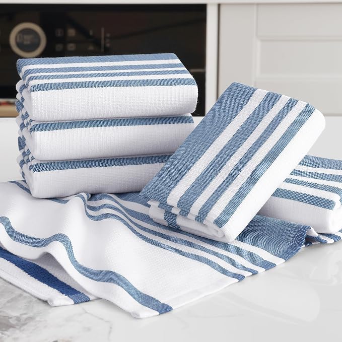 Homaxy Premium Cotton Stripe Kitchen Towels 3 Pack, 18"x 28", Navy Blue | Large 380 GSM Kitchen Hand Towels, Soft Terry Dish Towels, Highly Absorbent Tea Towel Set with Hanging Loop