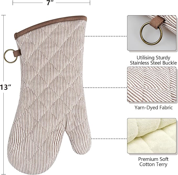Yarn Dyed Oven Mitts 1 Pair, 100% Cotton Heat Resistant 470 Degree | Oven Gloves for Men Women Cooking Baking Barbecue BBQ Microwave Crafting Machine Washable Pot Holders Mittens (Khaki 2)