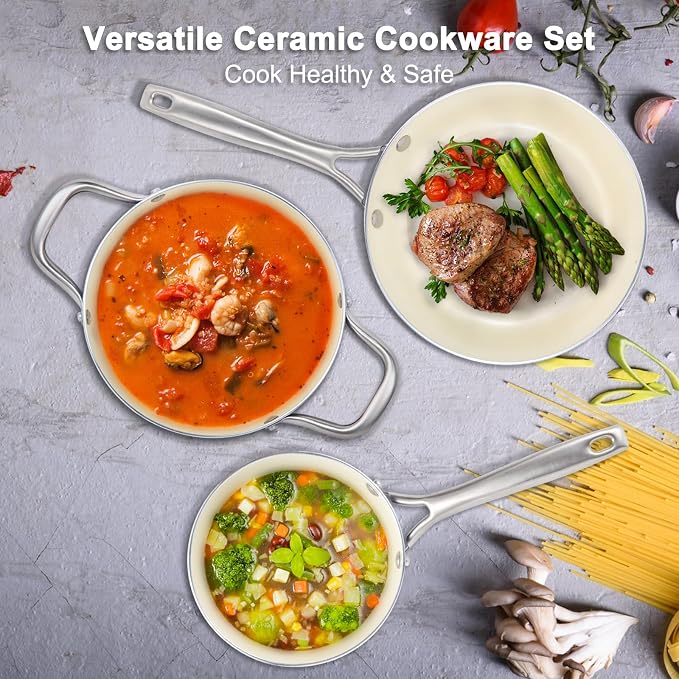 M MELENTA Pots and Pans Set 7 piece, Non Stick Blue Ceramic Cookware Set | Compact Starter Cookware, Nonstick Pots and Pans Set, Induction Cookware, Kitchen Cooking Set, Oven Safe, PFAS & PFOA Free