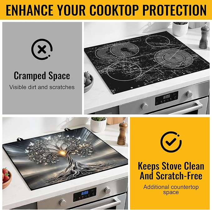 NYZE Extra Counter Space Stove Cover for Glass Top Stoves, 28" x 20" Decorative Silver Tree of Life with Butterflies Cooktop Protector, Durable Heat Resistant Mat Pad for Kitchen Organization