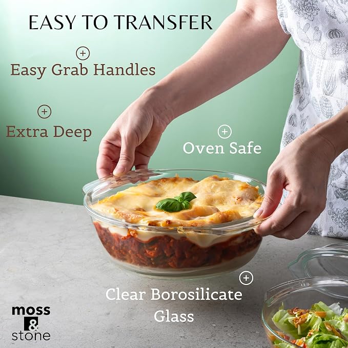 Moss & Stone Clear Glass Casserole Dish Set with Lids, Glass Baking Dishes | 6-Piece Tempered Borosilicate Glass Bakeware Set, 3 Round Baking Dishes for Oven, Microwave, Serving & Food Storage