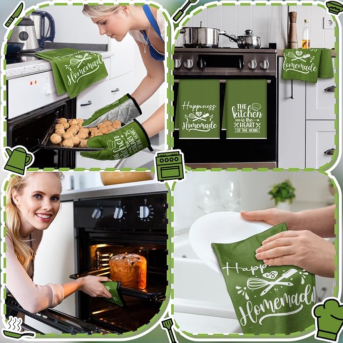 Sratte 6 Pcs Kitchen Decor Accessories Set, Kitchen, Avocado Green | Farmhouse Kitchen Towels Pot Holders Oven Mitts Set 2 Dish Towels 2 Potholders 2 Cooking Mittens for Baking Cooking Supply