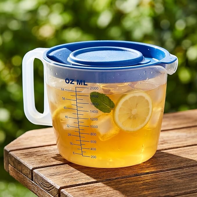 8 Cup Measuring Cup with Splash Guard Lid, BPA-Free Plastic Mixing Bowl for Baking, Pancakes & Meal Prep, Clear Accurate Measurement Marks