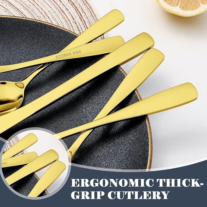 BEWOS 49-Piece Gold Silverware Set with Organizer - Stainless Steel Silverware Set for 8 with Drawer Organizer, Mirror Polished Flatware Set for Home and Restaurant, Dishwasher Safe