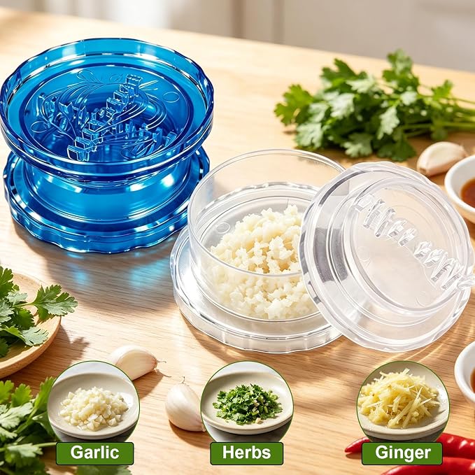 2PCS Manual Garlic Twister and Ginger Mincer Tool, Manual Garlic Twister and Mincer, Garlic Crusher, Garlic Grinder, Compact Garlic Mincer Tool, Ginger, Herbs (White + Blue)