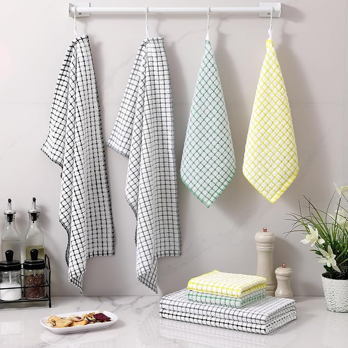 Homaxy Kitchen Towels and Dishcloths Set (16”x 25” and 12”x 12”, 8 Pack) | Cotton Terry Kitchen Dish Towels, Super Soft and Absorbent Dish Cloths, Black/Grey/Yellow/Green