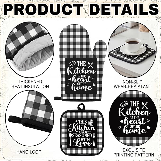 10 Pcs Kitchen Decor and Accessories Set, Plaid Checkered Buffalo | Black 4 Dish Towels Kitchen Rugs 2 Oven Mitts 2 Pot Holders, Home Decor for Cooking Baking BBQ Gifts Women Mom Housewarming