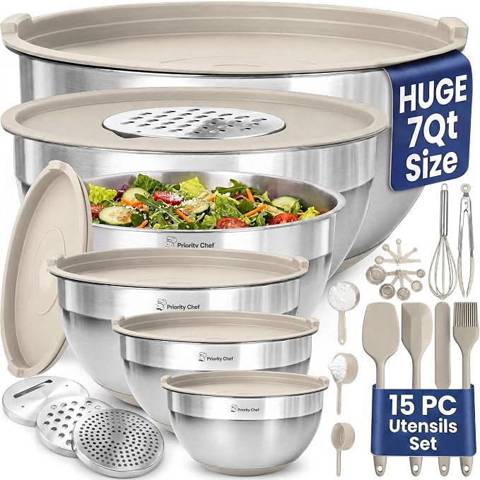 6Pc Stainless Steel Mixing Bowls with Lids Set, Huge 7 Qrt Size Metal Bowl Set for Kitchen, 3 Graters, Non-Slip Bases & Silicone Utensils Set, Khaki