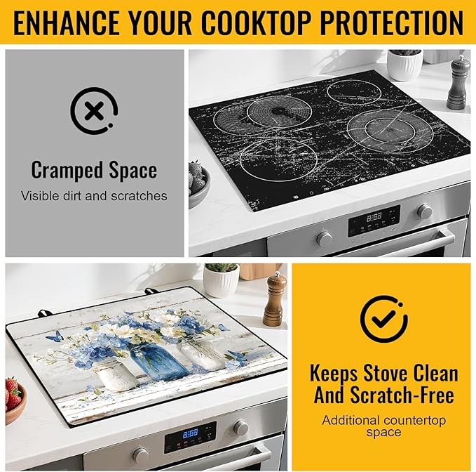 NYZE Stove Top Cover for Electric Stove, 28x20 Inch Stovetop Cover Flat Top Protector Dish Drying Mat for Kitchen (Blue & White Floral)
