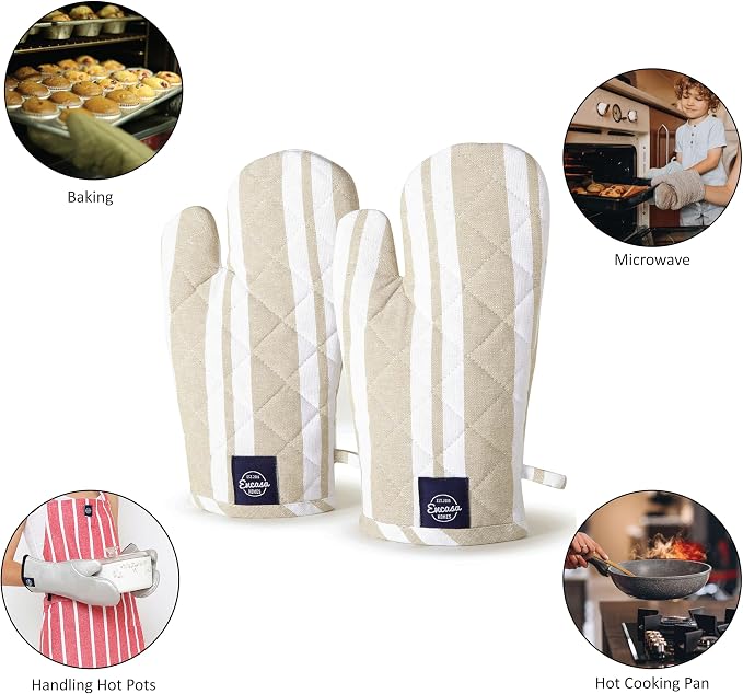 Encasa XO Oven Mitts, Heat Resistant Kitchen Gloves, Microwave | Franca Beige Stripes, 100% Cotton | Diamond Quilted Insulation | Pot Holders | Hanging Loop | Barbecue & Grill | Set of 2