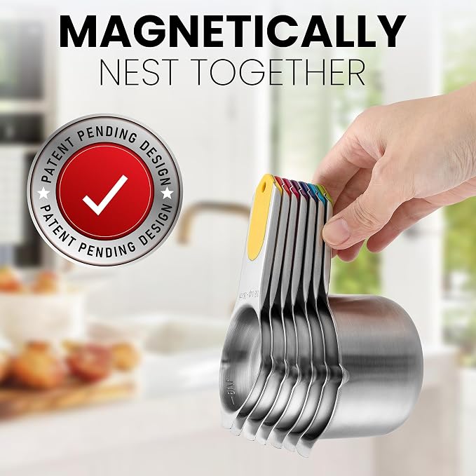 Spring Chef Magnetic Stainless Steel Measuring Cups Set of 7, Multicolor | Patented Metal Measuring Cups for Measuring Dry or Liquid Ingredients, Easy to Read Markings, Dishwasher Safe Magnetic Cups