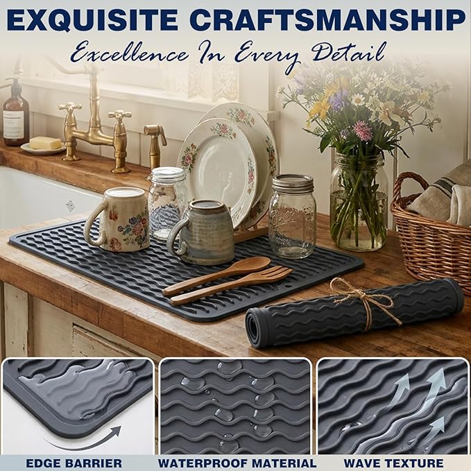2 Pack Caketime Silicone Dish Drying Mat for Kitchen Counter Escurridor de Trastes para Cocina Cooking Dining Hot Pads Rubber Palcemats Coffee Bar Must Haves Women Gifts 15"x11.5" Green